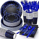 Sieral 560 Pcs Blue and Black Paper Plates Party Tableware Set Serve 80 Includes Disposable Paper Cups Forks Knives Spoons and Napkins Party Decor Supplies for Birthday Graduation Wedding and Holiday