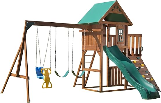 wooden double swing and slide set