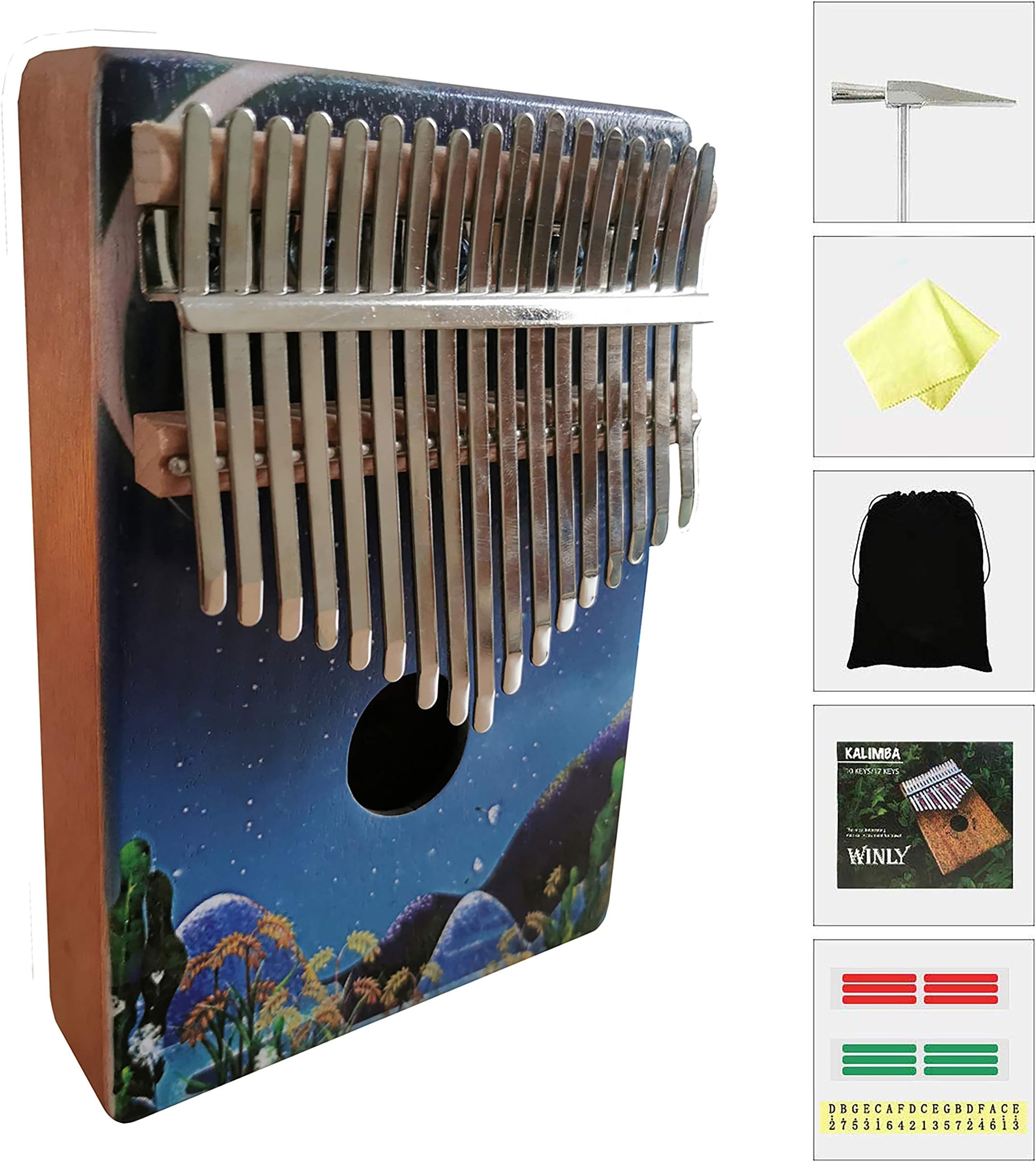 Kalimba 17 Keys Thumb Piano with Study Instruction and Tune Hammer Wood Hand Finger Piano Mbira Gifts for Kids Adult Beginners (Stars)