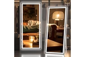 Hasipu Full Length Mirror with Lights, 67" x 24" LED Lighted Floor Standing Mirror, Full Body Dressing Hanging Mounted Mirror, Dimmable, Tempered Glass, Safe to Use, Square White