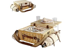 Multifunctional Wicker Picnic Basket Set for 2 Adults with Picnic Table and Blankets,Large Insulated Picnic Set with Wine Pou