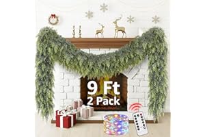 NUTIKAS Cedar Christmas Garland with Lights for Mantle - 2 Pack Decorations 9ft Realistic Lighted Faux Pine Garlands for Xmas Home Decoration Indoor Stairs Railing Fireplace Outdoor Prelit Garland Door Decor