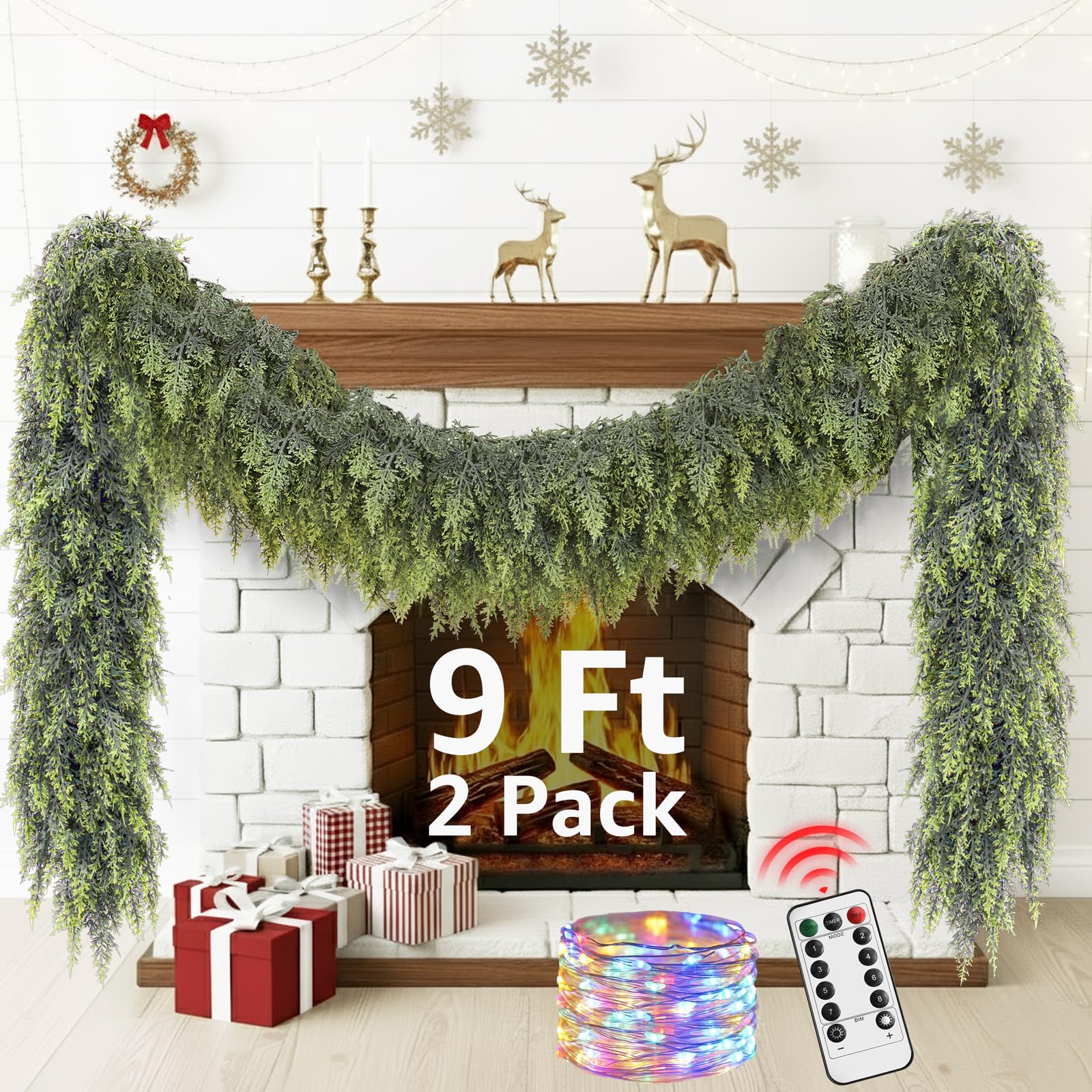 Photo 1 of **MISSING 1 GARLAND** Cedar Christmas Garland with Lights for Mantle - 2 Pack Decorations 9ft Realistic Lighted Faux Pine Garlands for Xmas Home Decoration Indoor Stairs Railing Fireplace Outdoor Prelit Garland Door Decor