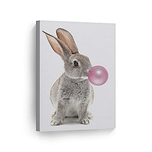 Bunny Rabbit Animal Decor Bubble Gum Art Pink Canvas Print Wall Art Kids Gift Nursery Room Decor Stretched and Ready to Hang- Handmade in The USA - 12x8