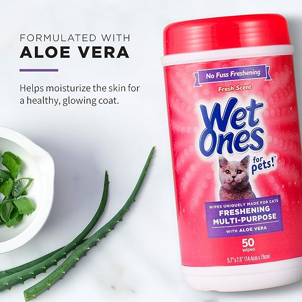 WET ONES FOR CATS FRESHENING WIPES, MULTI-PURPOSE CAT GROOMING WIPES WITH ALOE VERA, HELPS REMOVE DIRT, ODOR, AND DANDER BETWEEN BATHS, FRESH SCENT, 50 COUNT