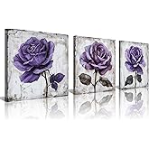NAN Wind 3Pcs Purple Rose Canvas Prints Wall Art Botanical Floral Art Modern Flower Artwork Ready to Hang Textured Wall Art Print Decorative Wall Hanging for Living Room Bedroom Kitchen