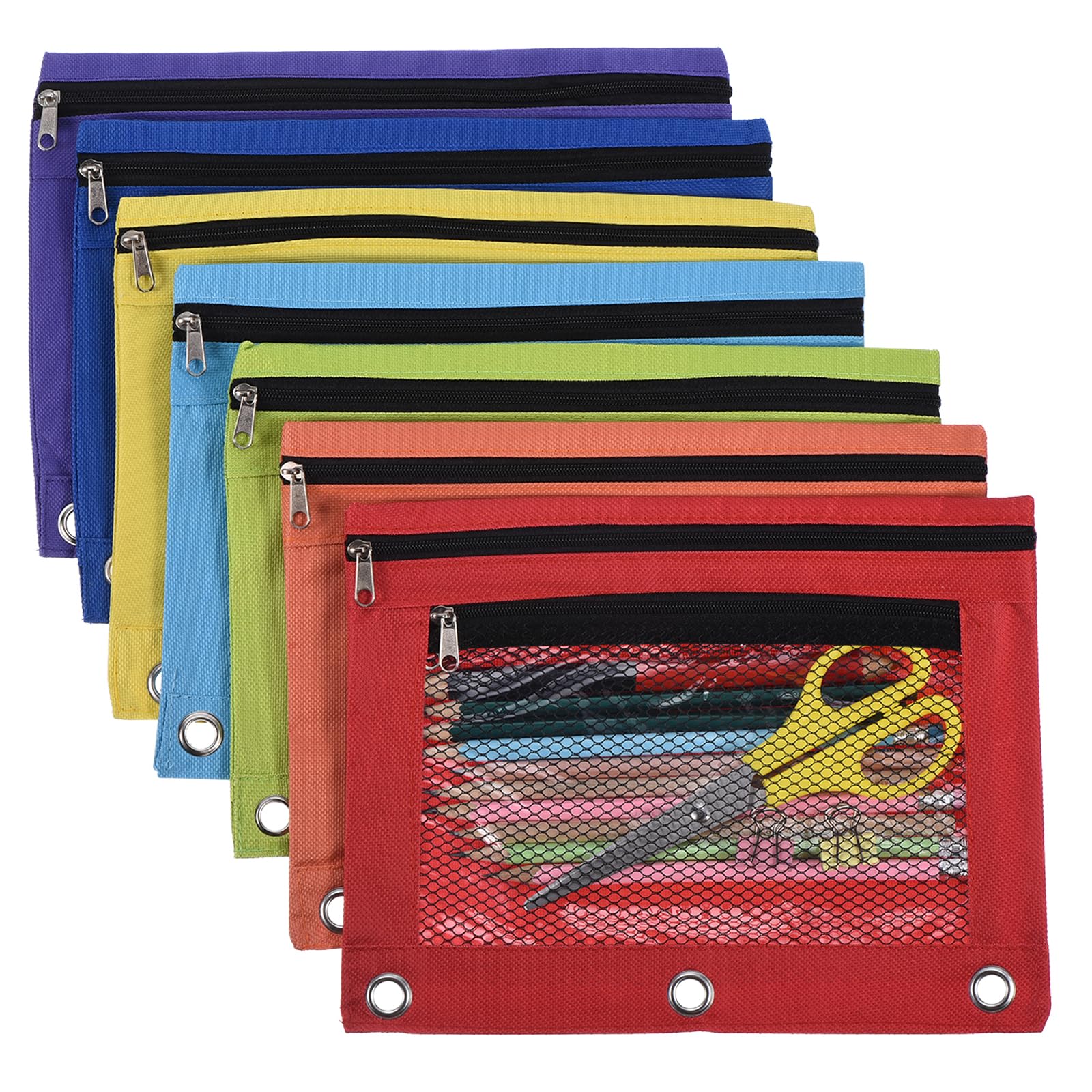 PATIKIL 7 Pack Pencil Pouch for 3 Rings Binder, Oxford Cloth Mesh Zipper Binder Pouch Pencil Case Bag Bulk for Office, 7 Colors