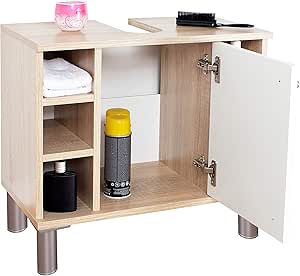 RICOO WM100-ES-W Mueble baño bajo Lavabo 60x54x32cm Armario Auxiliar pequeño Estantería Debajo lavamanos Toallero Madera Blanca y Roble marrón