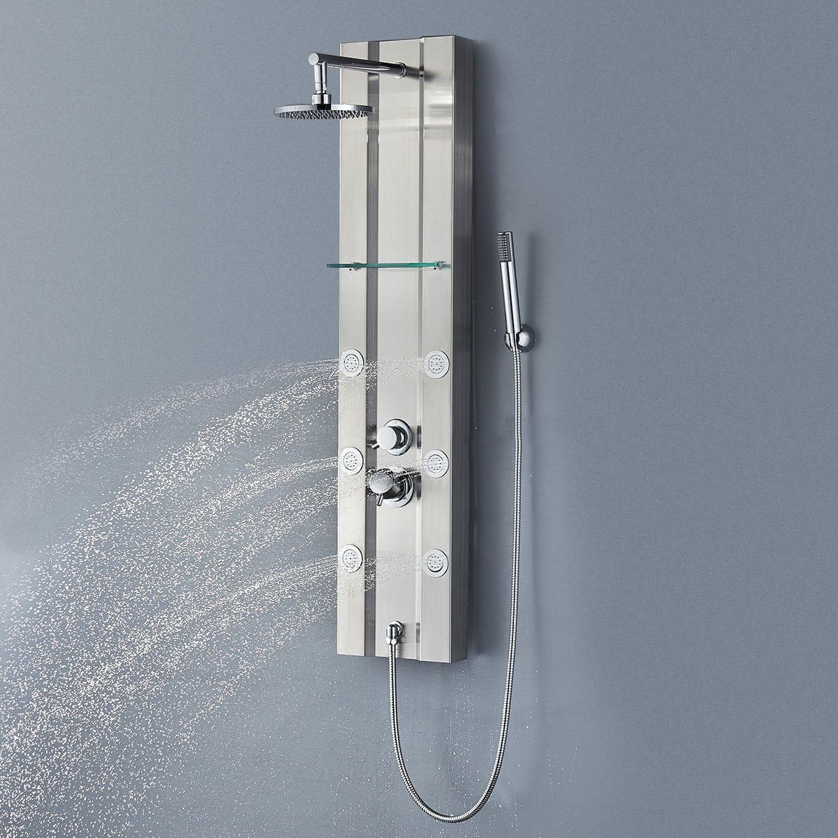 Vantory VA001 49" Stainless Steel Shower Panel Rainfall System with 6 Massages Jets, Shampoo Shaft & Handheld Shower
