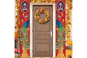 AEHHDL Happy Diwali Porch Banner,Indian Diwali Peacock Front Door Porch Welcome Sign Deepavali Festival of Lights Decorations for Home Doorway-12×71'' (RED 2)