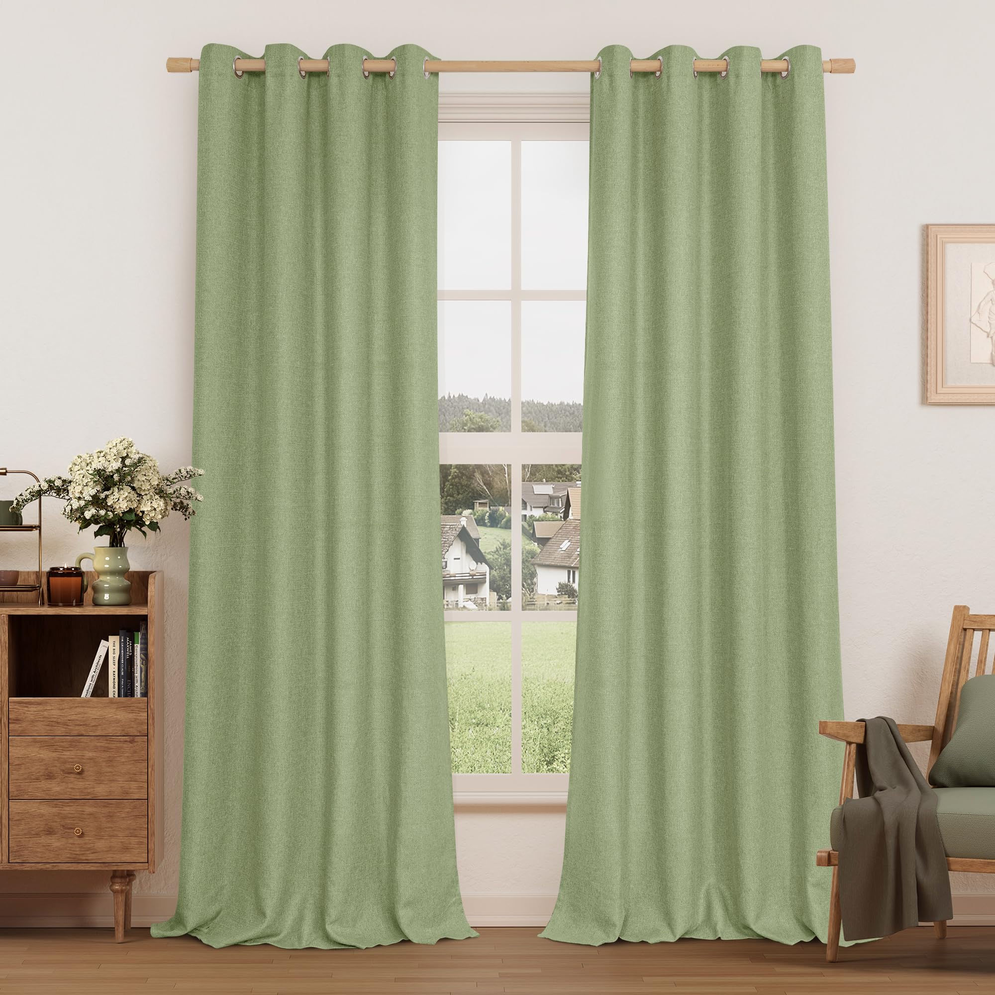 LAMIT Sage Green Linen Textured Curtains for Bedroom, Grommet Thermal Insulated Thick Natural Curtains Noise Reducing Window Treatment Drapes for Living Room/Kitchen, Set of 2 Panels, W52 x L90 Image