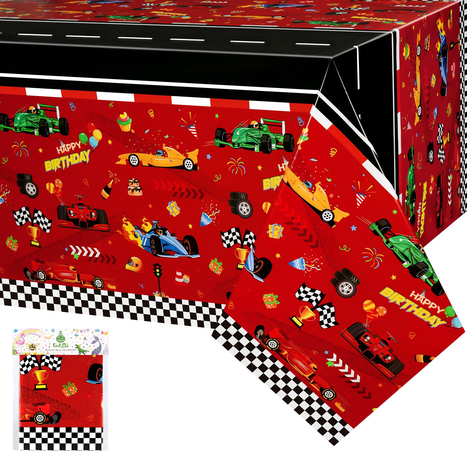 Photo 1 of WERNNSAI 1 Pcs Race Car Table Cloth - Cars Birthday Decorations Red Race Track Tablecloths Race Car Party Decorations for Kids Boys Birthday Party Supplies 54'' x 108''