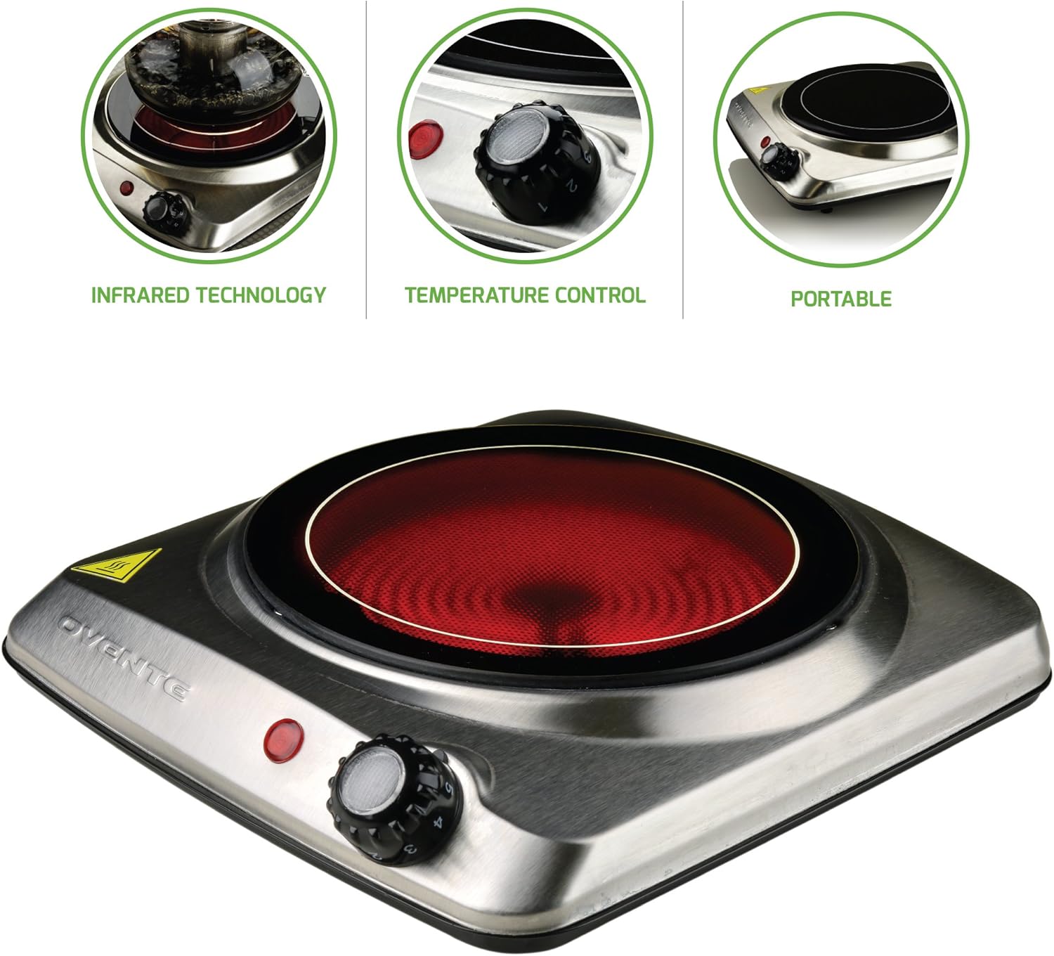 Ovente 4 in 1 Special Bundle Set with Electric Glass Infrared Burner 7 Inch Single Hot Plate + Electric Salt and Pepper Grinder Set + 2 Pieces Premium Silicone Spatulas, Perfect Kitchen Set for Cooks