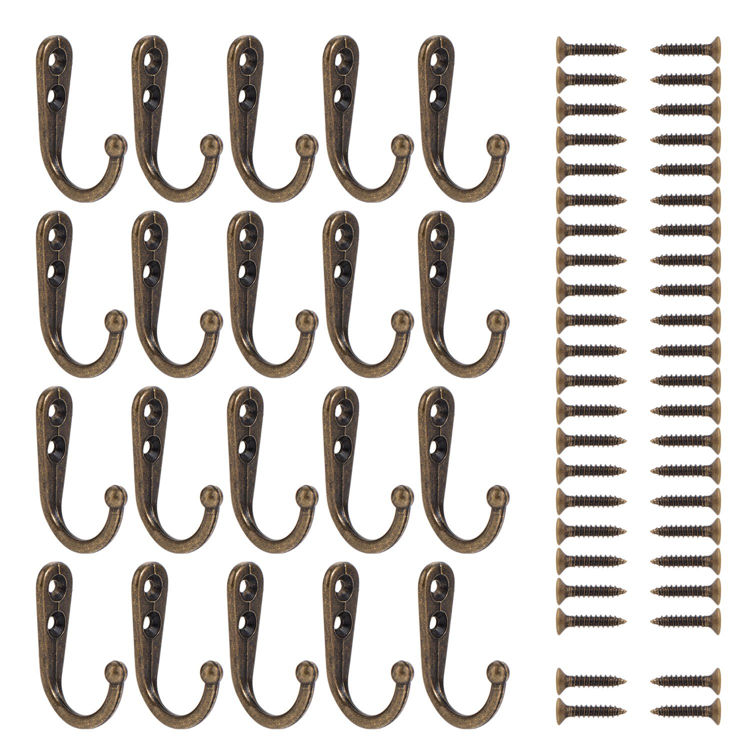 Wall Mounted Hook 20 Pieces Robe Hooks Retro Single Coat Hanger and 44 Pieces Screws (Bronze)