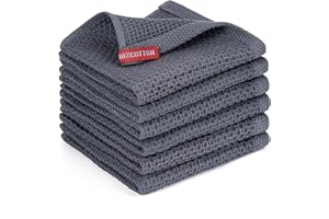 BOOMIBOO Cotton Kitchen Dish Towels, 12" x 12", 6 Pack, 100% Cotton Waffle Weave, Soft Absorbent, Dark Grey, Quick Drying Dis