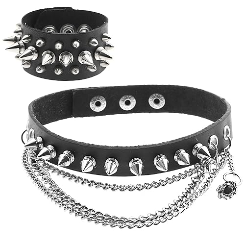 JOVIVI Schmuck,Lederhalsband Choker Spike Nieten Spinne Eisenkette Kragen Halsketten+Echtleder Armband Killernieten Breit Arm
