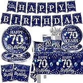 GREHUMOR 142 Pcs 70th Birthday Tableware Set Decorations Sliver and Blue 70th Happy Birthday Party Supplies for Men Women Birthday Tablecloth,Plates, Napkins, Cups,Forks and Knives