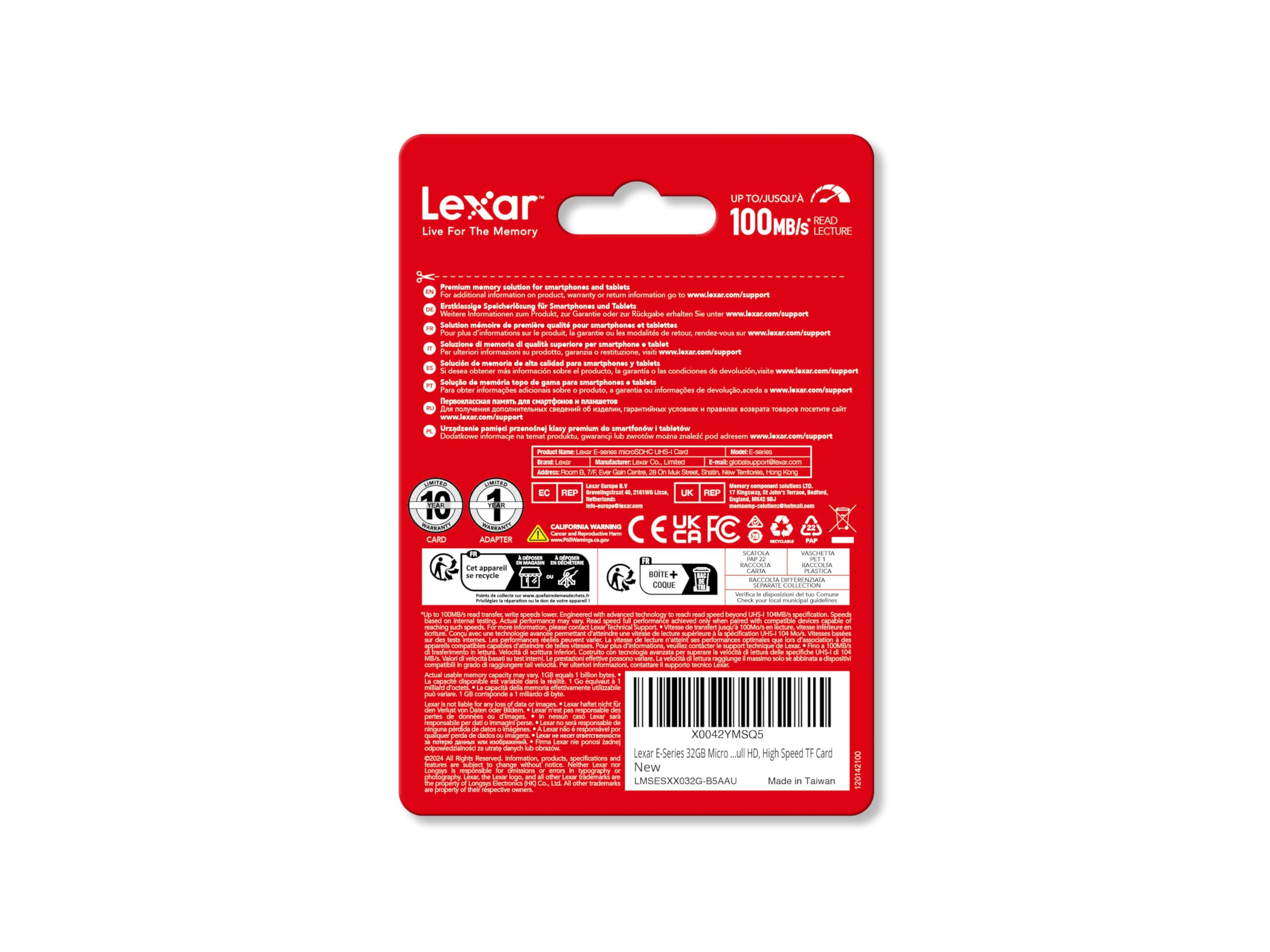 Lexar E-Series 32GB Micro SD Card 5 Pack, microSDHC UHS-I Flash Memory Card with Adapter, 100MB/s, C10, U1, A1, V10, Full HD, High Speed TF Card