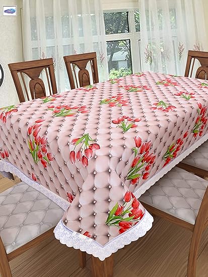 Clasiko 6 Seater PVC Table Cover; Red Rose Flowers On Pink Base; Anti Slip; 60x90 Inches; 6 Seater