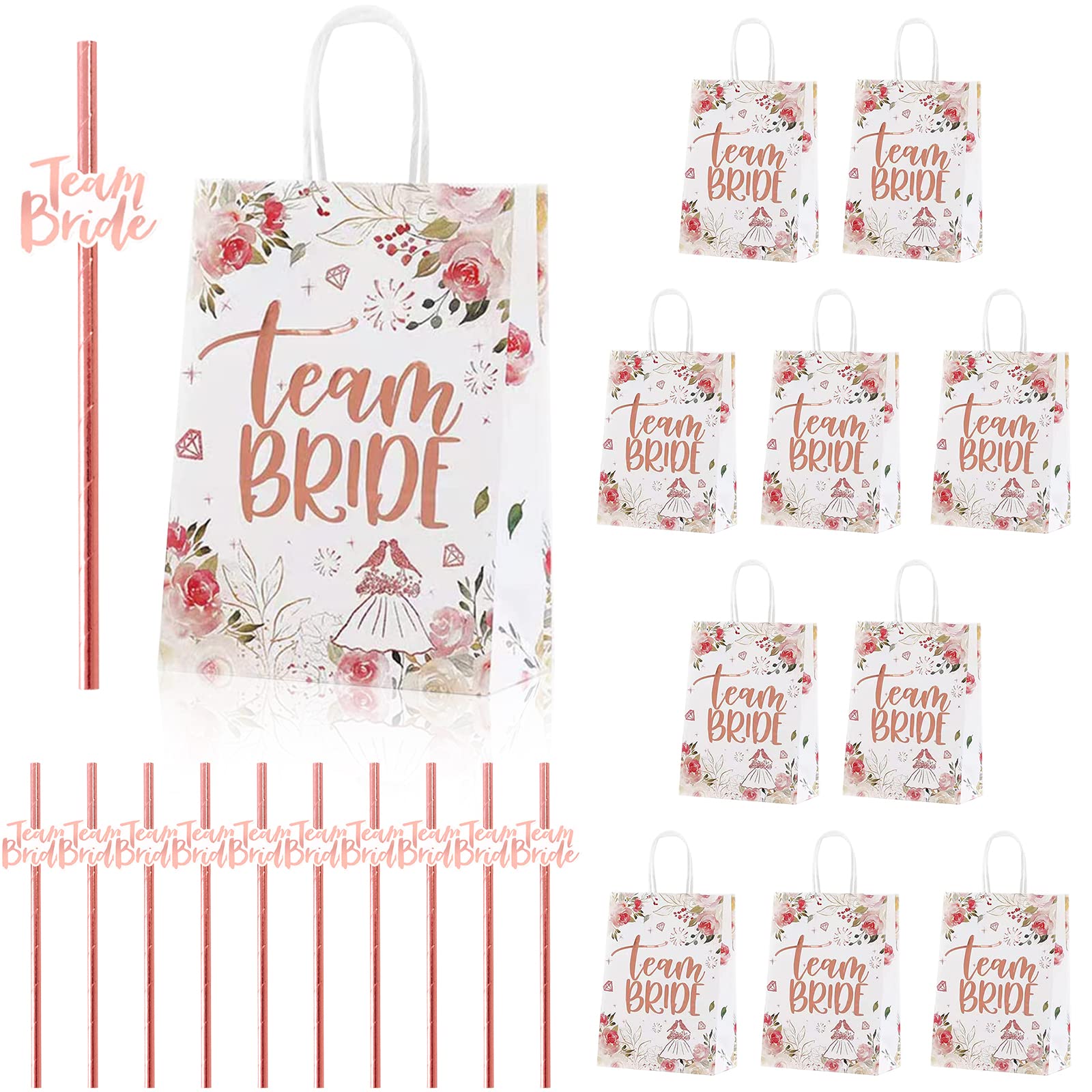 10 Pcs Hen Party Bags and 10 Pcs Bachelorette Straws, SPOKKI Team Bride Bags Floral Rose Gold Paper Gift Bags and Disposable Bridal Shower Paper Straws for Party Wedding (Gril)