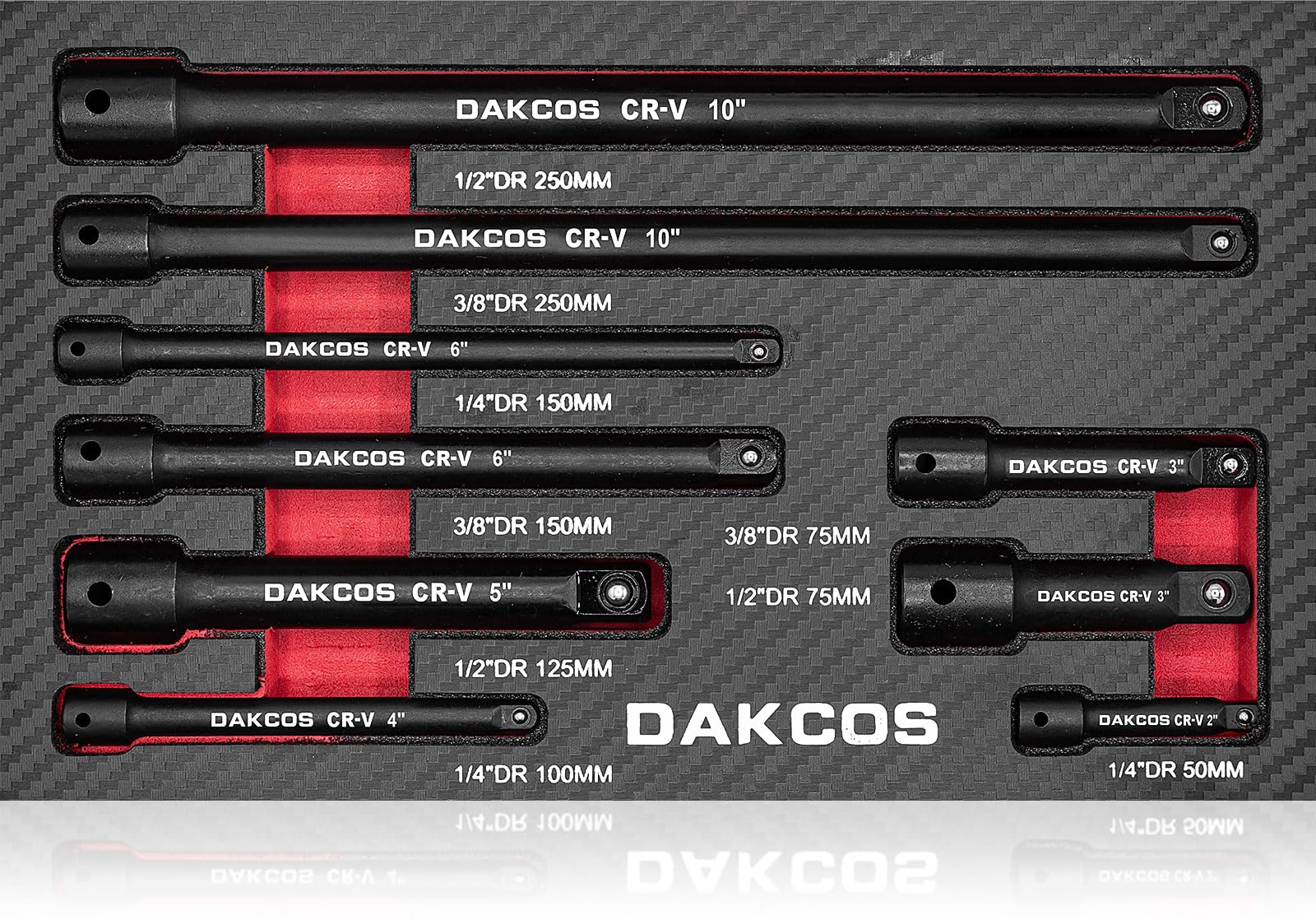 DAKCOS 9-Piece Extension Bar Set 1/2 1/4 3/8 Inch Drive CR-V with Black Phosphating