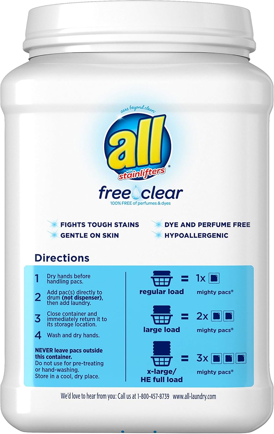 all Mighty Pacs Laundry Detergent, Free Clear for Sensitive Skin, 67 Count, 2 Tubs, 134 Total Loads: Health & Personal Care