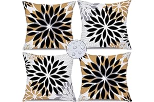 DFXSZ Black Brown Flower Pillow Covers 18x18 Inch Set of 4 White Grey Colored Throw Pillows Outdoor Waterproof Decor for Living Room Sofa Patio Funiture Garden Floral Linen Cushion Case 008C