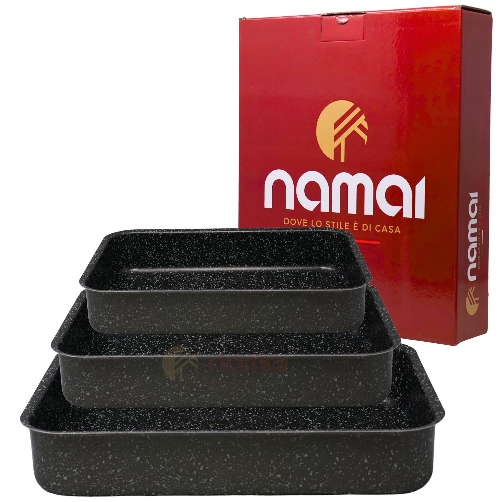 NAMAI - Roasting Tray 20 CM x 15 CM x 6,5 H, Non-Stick Roasting Tin, Dishwasher Safe, Aluminium, Oven Tray, Stone Effect Design, Made in Italy (Set 1)