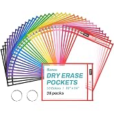 SUNEE 35 Packs Oversized Reusable Dry Erase Pocket Sleeves with 2 Rings, 10 Assorted Colors 10x14 Ticket Holders, Clear Plastic Sheet Protectors, Teacher School Classroom Supplies