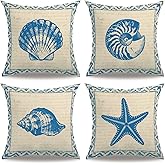 7COLORROOM 4Pack Vintage Sea Theme Pillow Covers Coastal Beach with Couch &Starfish& Shell Cushion Cover Navigation Sailing Cotton Linen Decorative Pillowcases 18”×18” for Sofa Couch Porch (Shell)