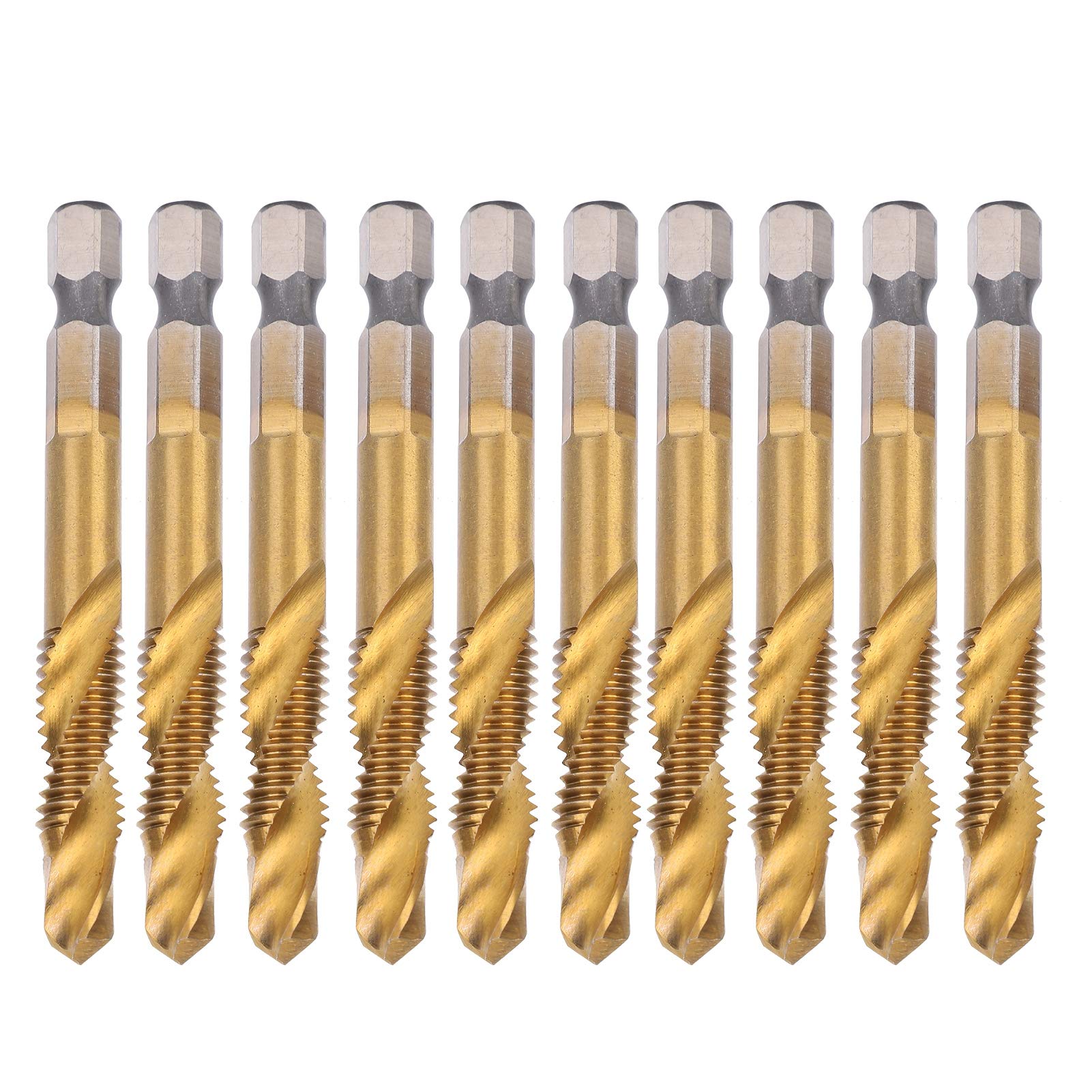 10pcs M8 High Speed Steel Spiral Flute Metric Taps Set 2.7in Length Drill Bits Hex Shank Tapping Tools 1.25 Pitch for Hole Drilling, Tapping and Deburring