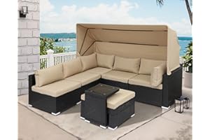 Grepatio Rattan Furniture Daybed with Canopy 7 Pieces Outdoor Day Bed Wicker Sectional Sofa Set Patio Furniture Set with Adjustable Backrest and Cushions Storage Table (7 Pieces Khaki)