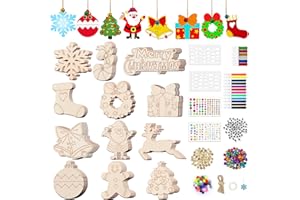 CANDYHOME 60 Pcs Wooden Christmas Ornaments Unfinished, 12 Styles Blank DIY Christmas Ornaments for Christmas Tree Decorations, Wooden Ornaments to Paint Crafts for Kids Adults Holiday Hanging Decorations