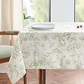 jinchan Linen Table Cloth 52 x 70 Inch with Flower Print Farmhouse Beige Linen Blend Cloth for Rectangle Dining Table Washable Cottage Table Cover Home Decor 1 Panel Floral Green on Beige