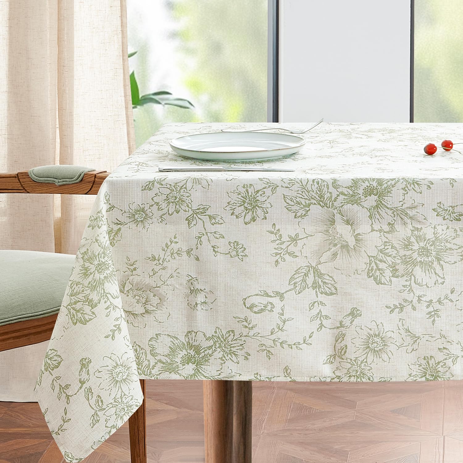Photo 1 of jinchan Linen Table Cloth 52 x 70 Inch with Flower Print Farmhouse Beige Linen Blend Cloth for Rectangle Dining Table Washable Cottage Table Cover Home Decor 1 Panel Floral Green on Beige