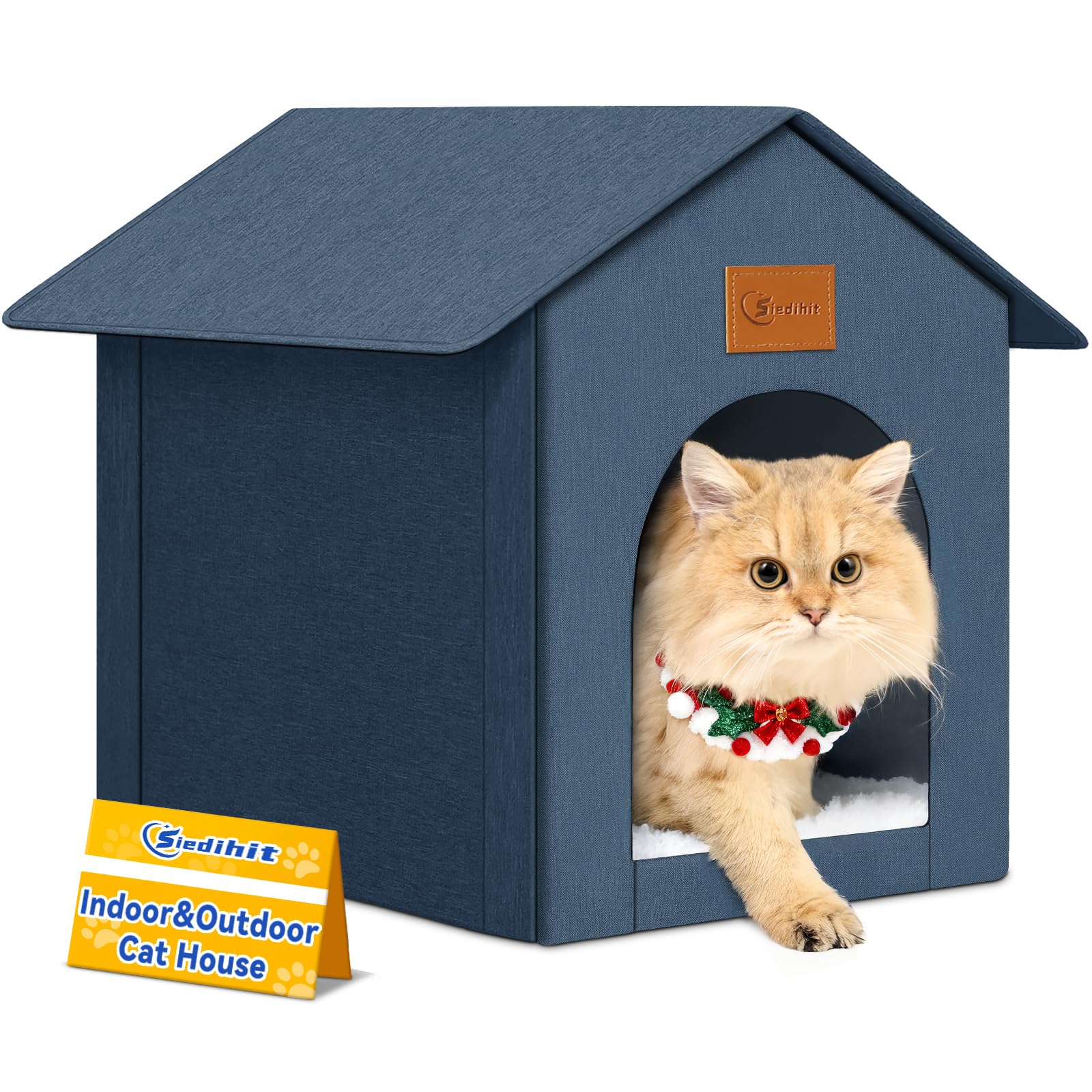 Outdoor Cat Shelter for Feral Cats - Waterproof House for Outside/Indoor Use, Insulated for Winter With Cozy Cushion, Easy to Assemble, Navy Blue