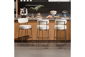 DYHOME Bar Stools Set of 3, White 24 Inches Boucle Barstools Counter Height Barstool with Curved Back Metal Legs, Modern Upholstered Barstools for Kitchen Island, Cafe