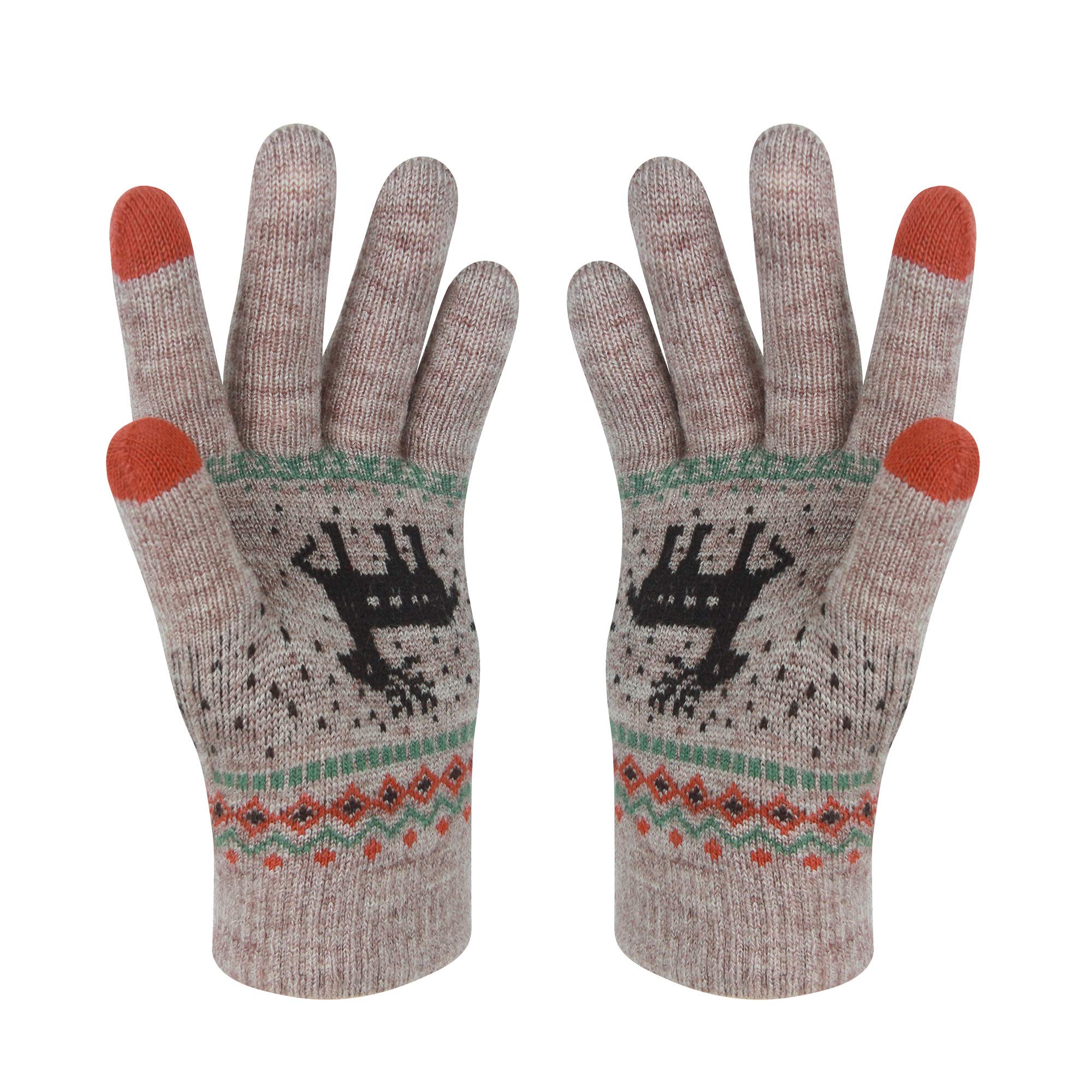 VENI MASEE Winter Women Lovely Deer Print Double Layer Keep Warm Touch Screen Gloves, Women Deer Khaki, 20CM