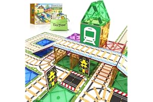 SOYEE 56PCS Magnetic Tiles Railroad Toppers Kids Toys Add-on Train Track Playset Playing with Trains Cars Preschool Learning Activities STEM Toys for Age 5-7