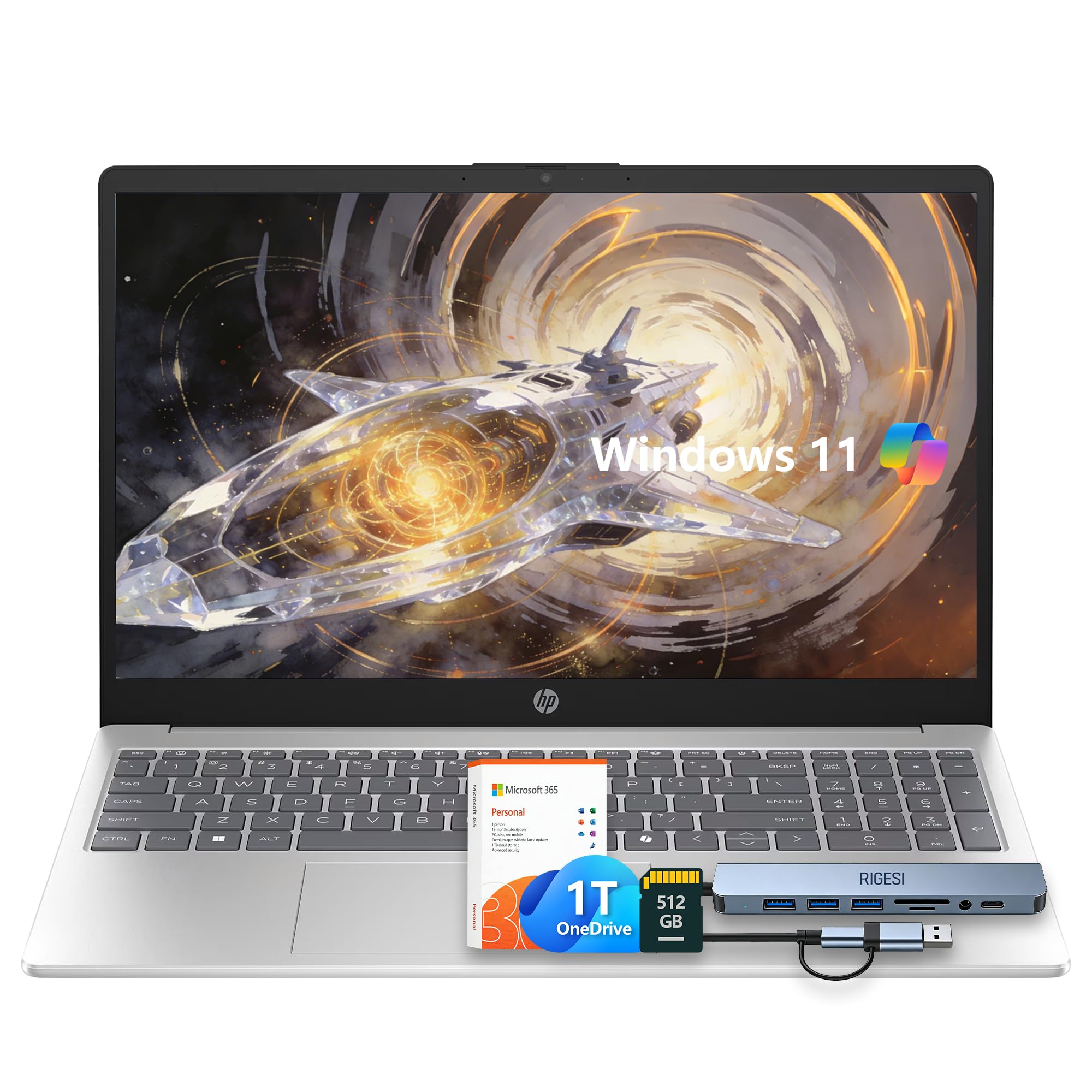 HP 15.6" Laptop – Complete Productivity Solution, Windows 11, Microsoft Office, Intel 4 Core N100, 16GB RAM, 640GB Storage (128GB UFS + 512GB SD Card), Copilot AI, Lightweight – Silver