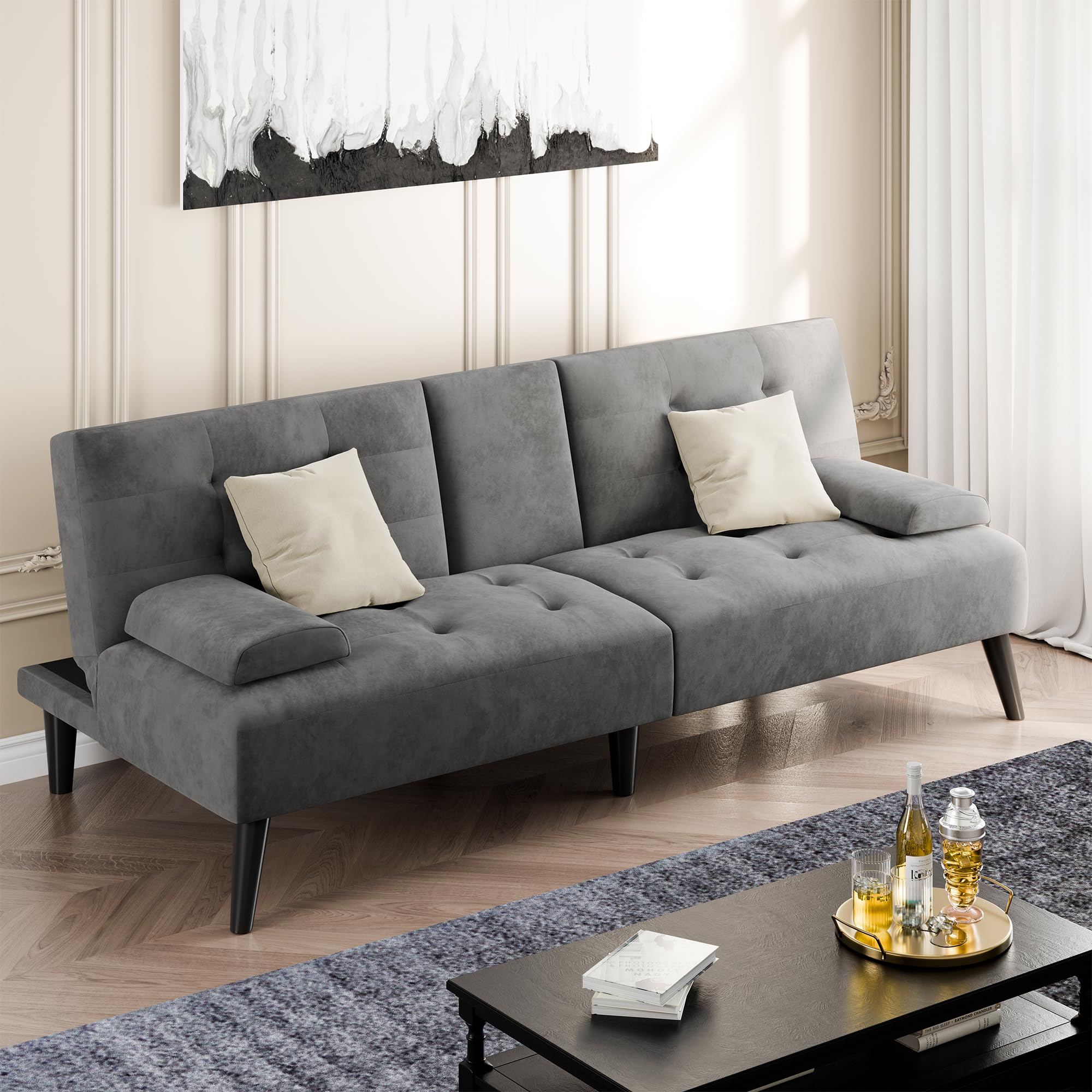 Photo 1 of **SELLING FOR PARTS. TWO CUSHIONS **Shintenchi Futon Sofa Bed, Velvet Foldable Couch Reclining Sleeper w/Removable Armrests, Upholstered Loveseat w/Folding Cup Holders for Home, Office, Dark Gray