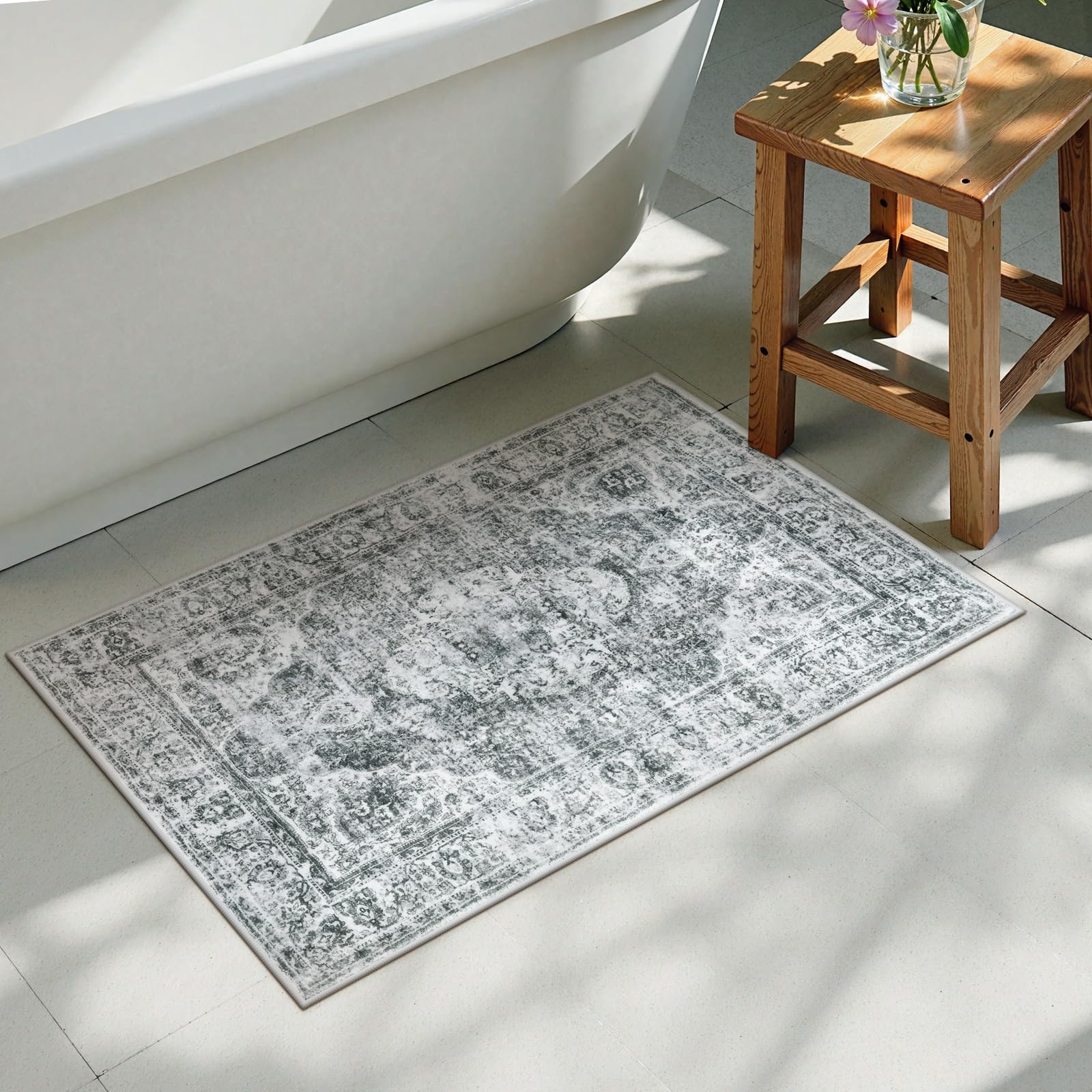 Photo 1 of Uphome Boho Bathroom Rugs, Distressed Farmhouse Gray Bath Mat, Comfy Velvet Small Bath Rugs Non Slip Washable, Vintage Oriental Toilet Rug for Sink Shower Vanity, 20x32 inch
