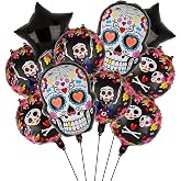 Day of the Dead Sugar Skull Foil Balloon dia de los muertos globos Set Halloween Theme Gothic Party Mexican Birthday Balloons Decorations Supplies Round Black Star 10 PCS