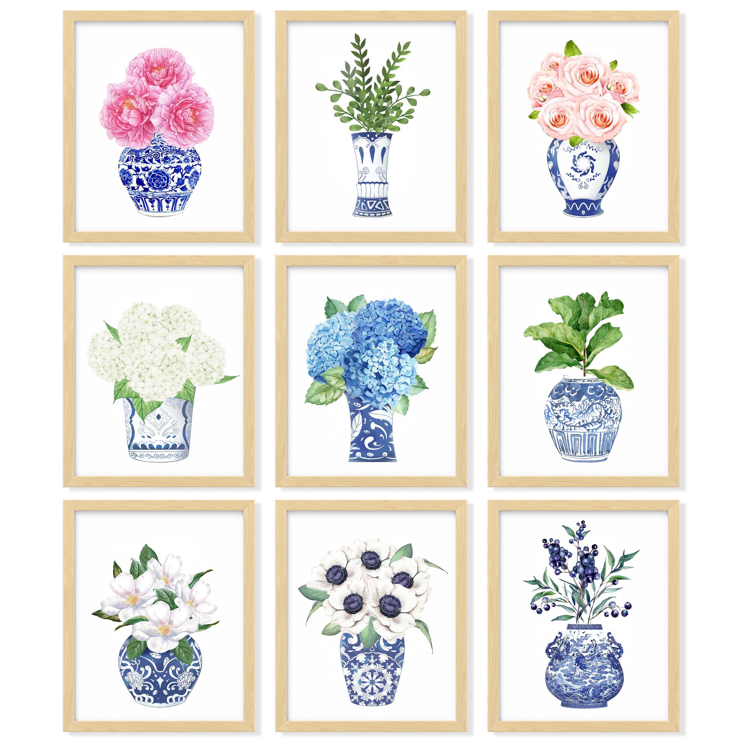 Photo 1 of 97 Decor Chinoiserie Decor - Chinoiserie Wall Art Prints, Blue White Porcelain Vase, Chinese Blue and White Ginger Jar, Chinoiserie Artwork Flower Picture for Home Bedroom Decorations (8x10 UNFRAMED)