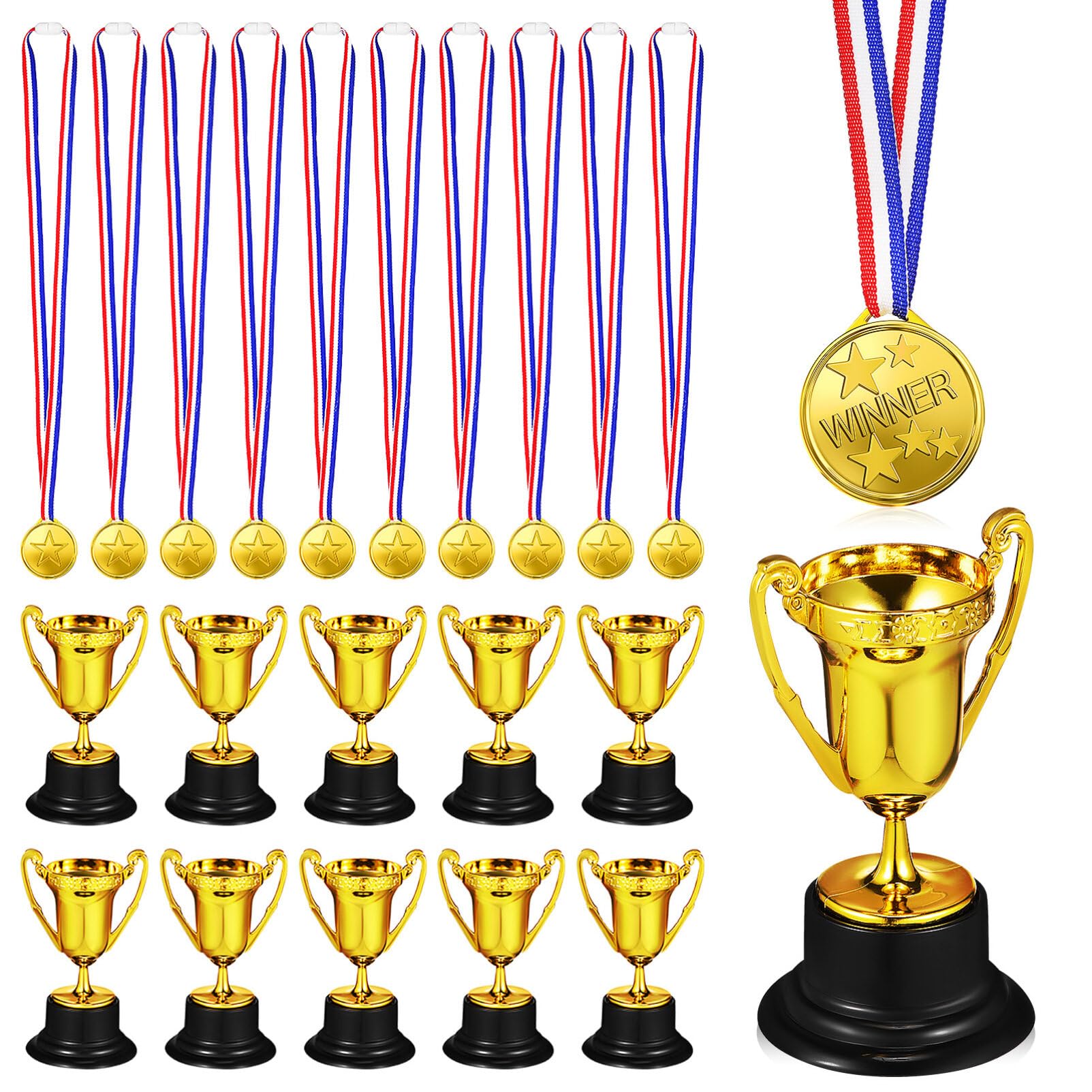 IMIKEYA Plastic Trophies and Medals 24 Pack, Include 12Pcs Mini Trophies and 12Pcs Gold Winner Medals for Kid Party Sports Awards Party Favors