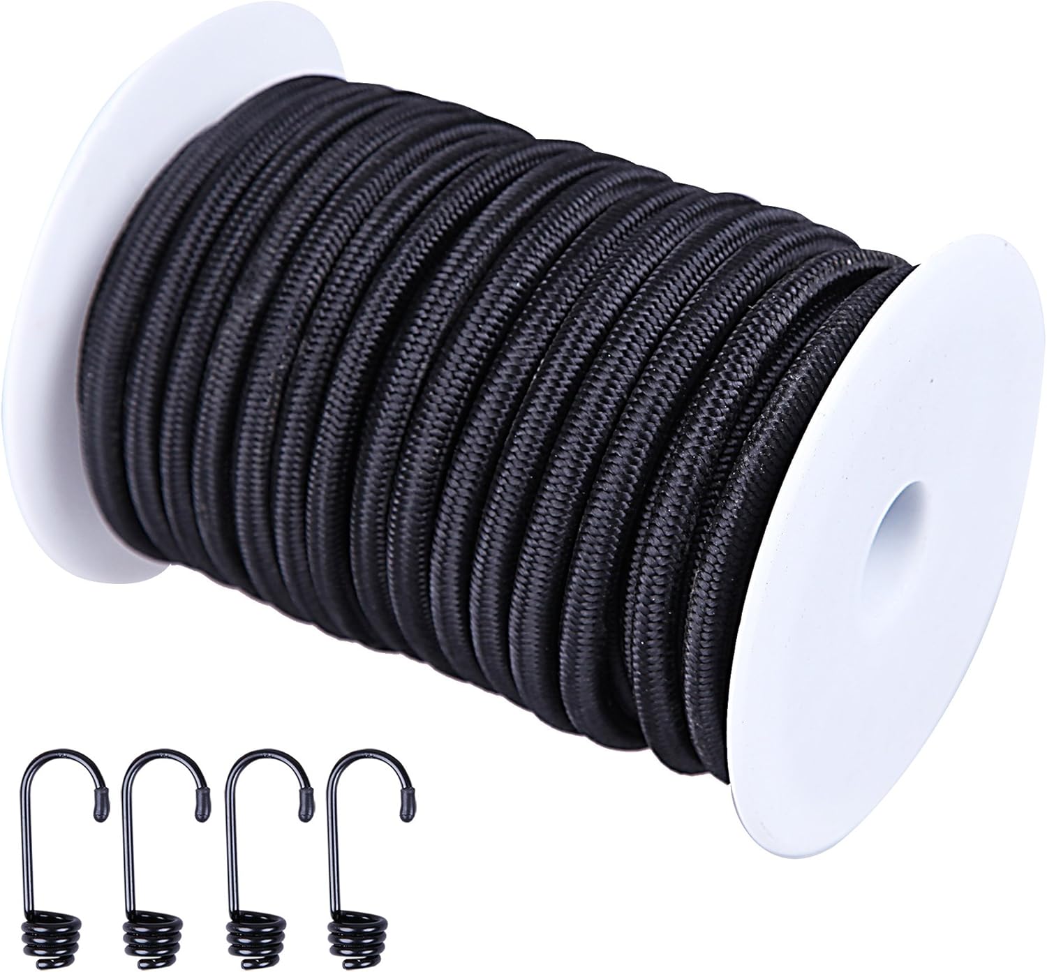 CARTMAN 1/4" Elastic Cord Crafting Stretch String, 40kg x 50ft, with 4 More Hooks, Black Color: Automotive