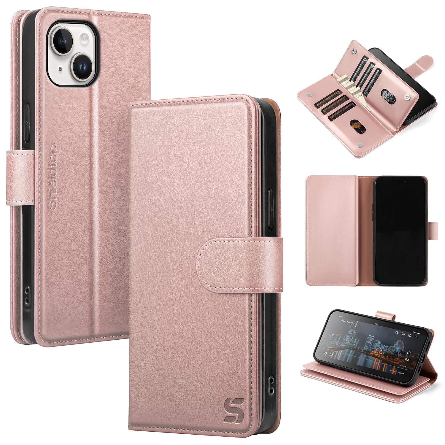Shieldtop Compatible with iPhone 14 Wallet Case with Card Holder,Women Men RFID Blocking PU Leather Folio Flip TPU Protective Cover Credit Card Slots,Phone Case for Apple 14 6.1",Rose Gold