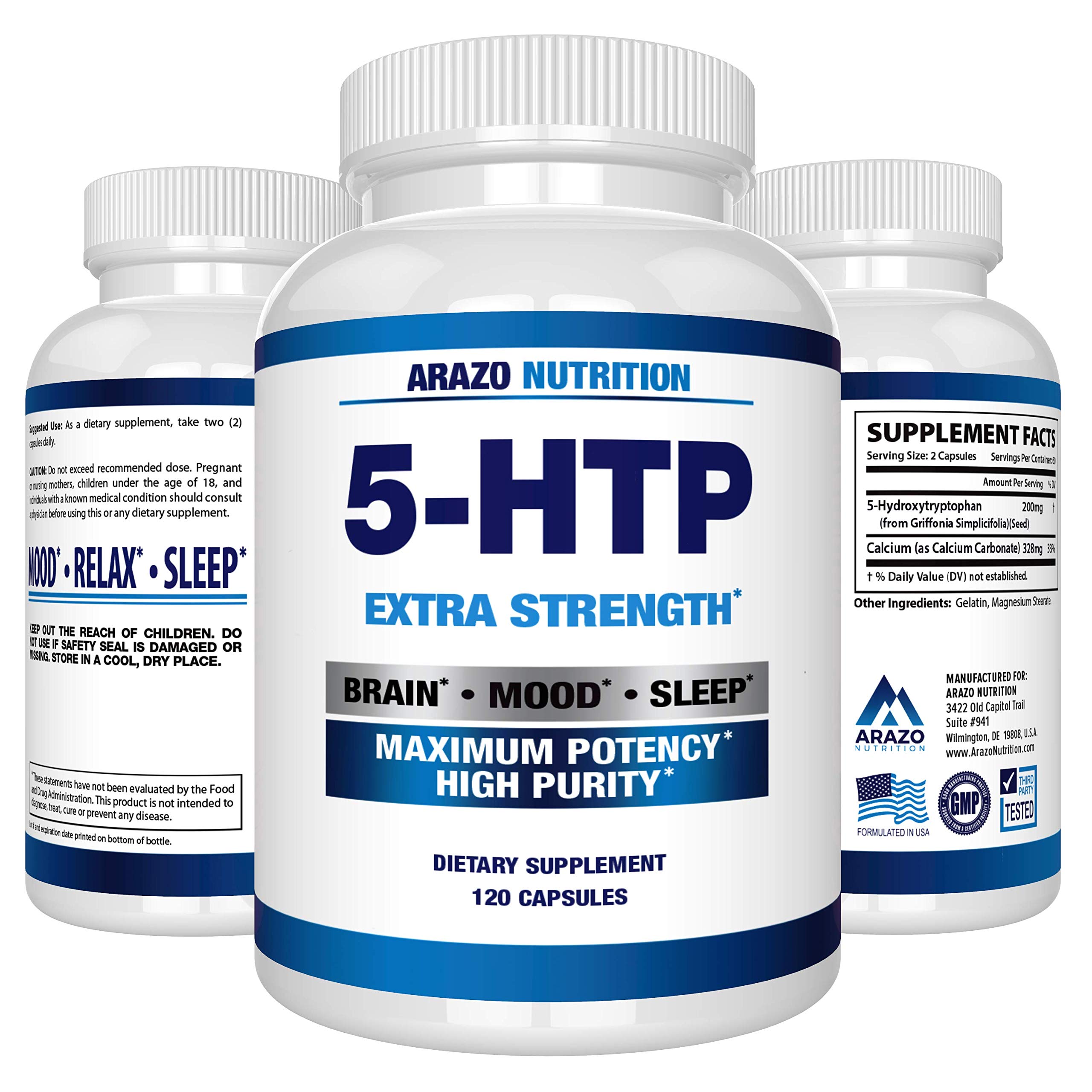 5HTP 200 mg Supplement 120 Capsules Arazo Nutrition ExerciseN