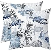 weesire Nautical Coastal Throw Pillow Covers Set of 2 Beach Themed Ocean Coral Sea Turtle Decorative Pillow Cases Outdoor Sofa Cushion Cover for Bedroom Living Room, 18x18, Blue
