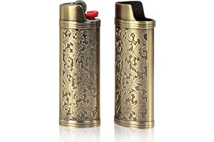 HUMWE 2 Pack Vintage Metal Lighter Case Cover Front Arabesque Engraving Reusable Lighter Sleeve for Bic J6 Regular Lighters (Style1-Bronze)